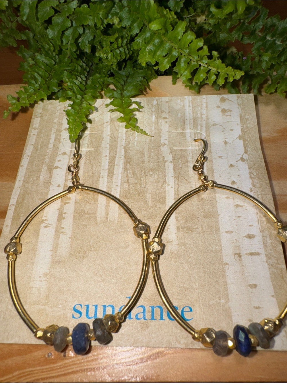 Sundance Gold Hoop Earrings with Blue and Gray Beads